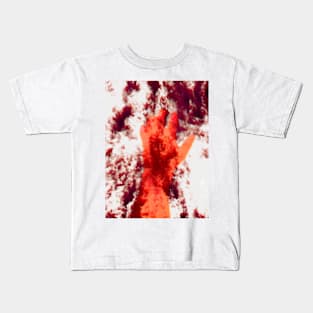 Digital collage and special processing. Psychedelic. Hand reaching on top of some bizarre surface. White, red and orange. Kids T-Shirt